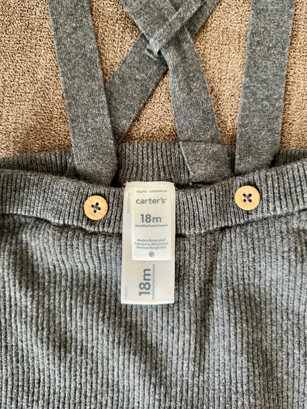 NWOT - Carter's Grey Ribbed Knit Suspender Pants with Wood Buttons